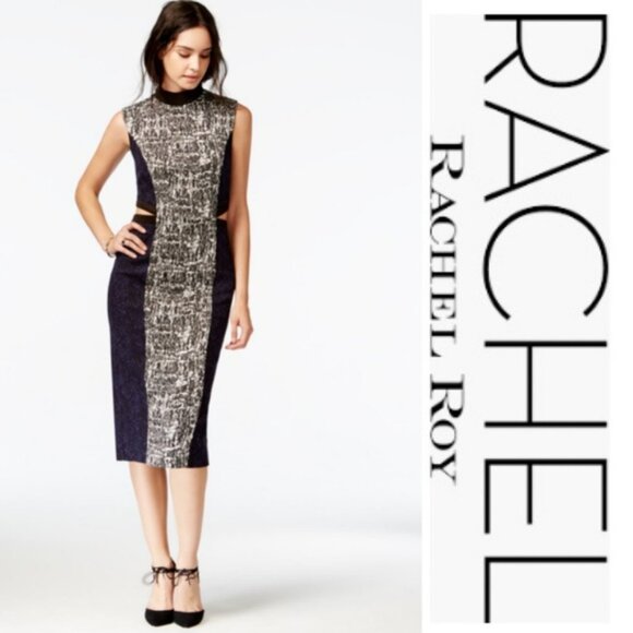 Rachel Rachel Roy Two Tone Blue White Marble Mockneck Bodycon Cut Out Midi Dress - Picture 1 of 16